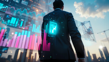 A man in a suit looking at financial charts and city skyline with construction cranes in the background