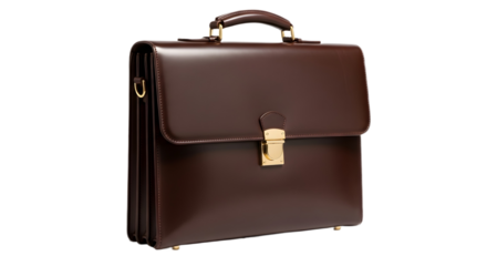 A brown leather briefcase with a gold latch on a black background