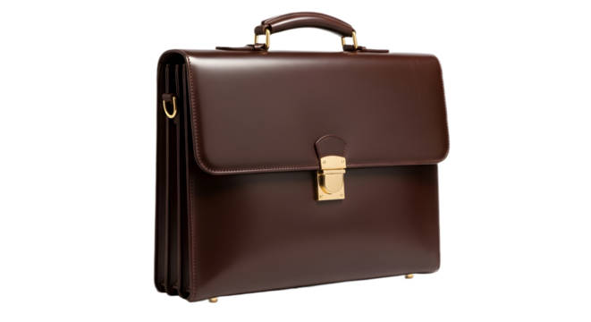 A brown leather briefcase with a gold latch on a black background