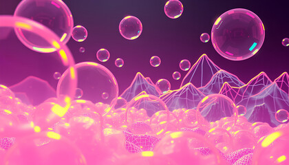 Surreal composition of translucent soap bubbles glowing with neon outlines, retro wireframe mountains in the background