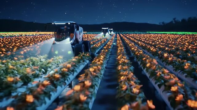 Automated nighttime farming showcasing multiple driverless tractors spraying crops under a starry sky in neatly organized rows