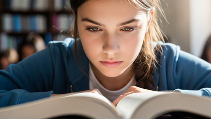 A close-up of a young female student with a serious expression, reading a book in a library or classroom