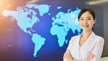 Confident Businesswoman Against Digital World Map Background