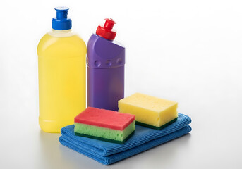 Cleaning products and supplies isolated on white background, essential for household hygiene and sanitation
