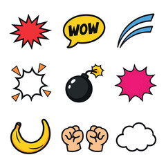 Comic pop art icons explosion bomb wow speech bubble