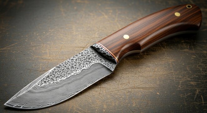 Exquisite Damascus Steel Knife with Textured Spine, Wood Handle, and Copper Bolster.