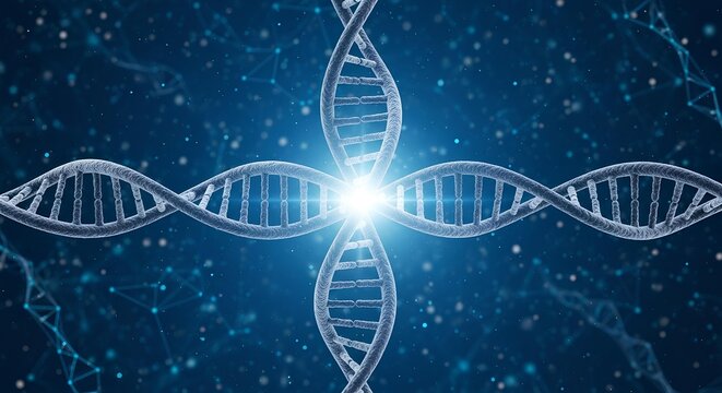 Conceptual illustration of DNA molecular structure on a blue background representing genetic - Powered by Adobe