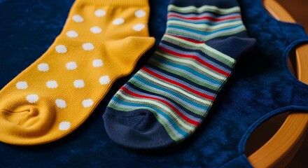 Close-up of mismatched socks with different patterns on a blue surface background