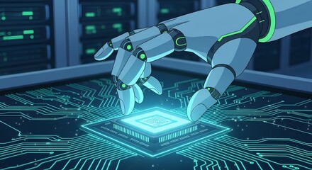 Robotic hand reaching for a glowing microchip on a complex circuit board design