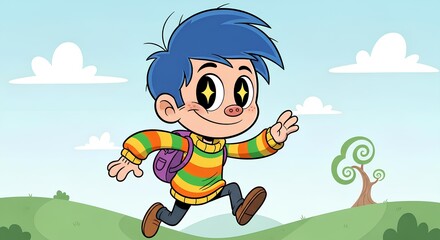 Animated Illustration of a Joyful Boy Running in a Vibrant Landscape Full of Happiness