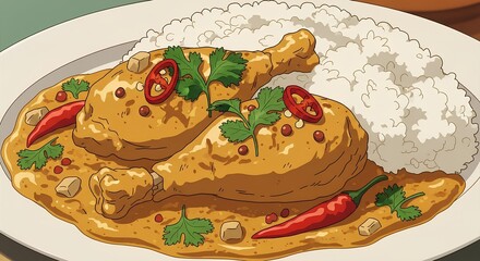 Delicious Chicken Curry with Rice Illustration Showcasing Vibrant Colors and Detailed Drawing Style