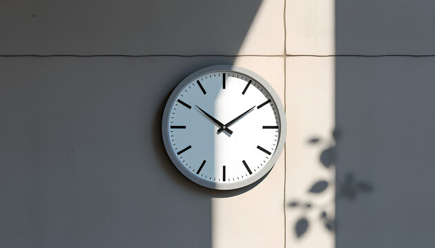 Top view of a modern wall clock embedded in a concrete wall texture, brutalist style, shadows falling naturally, digital art style - Powered by Adobe