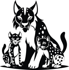 Fototapeta premium Black silhouette of a mother lynx with two kittens on a white background bobcat family