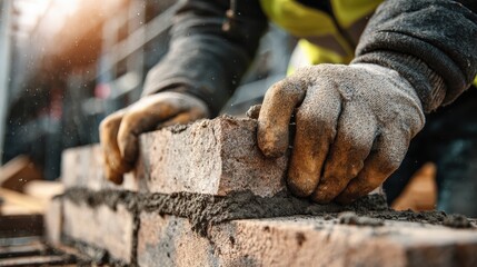 An eco-conscious construction worker carefully laying bricks made from recycled materials on a building site, a tangible example of green materials used in sustainable urban development.