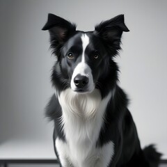 A striking portrait of a black and white purebred Border Collie puppy on a white background