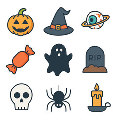 Halloween spooky icons pumpkin ghost skull spider witch hat