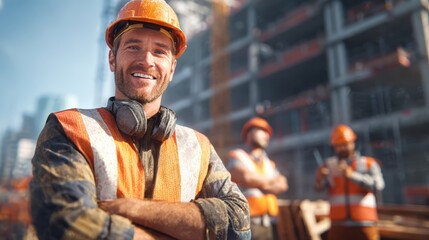 A smiling construction worker in an orange safety vest and helmet stands confidently at a building site, with two coworkers collaborating in the background, showcasing teamwork and a positive atmosphe