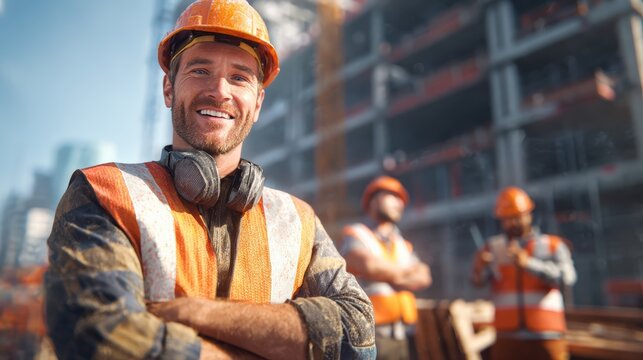 A smiling construction worker in an orange safety vest and helmet stands confidently at a building site, with two coworkers collaborating in the background, showcasing teamwork and a positive atmosphe