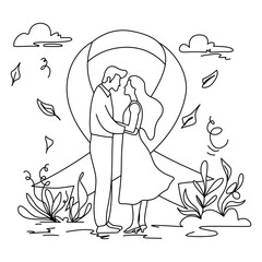 Line art illustration of a couple embracing under a ribbon archway