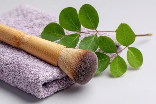 A light purple towel rests beneath a natural bamboo makeup brush with a dark brown bristle head, alongside fresh green leaves.