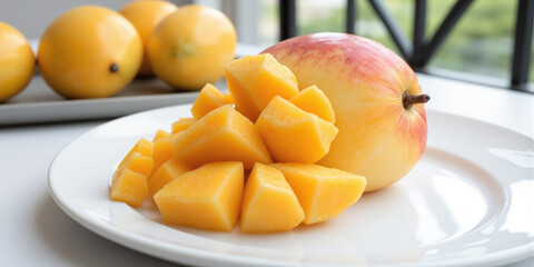 A perfectly ripened mango, its skin a rich golden yellow with a slight reddish blush, sitting on a bright white