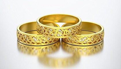 abstract design featuring golden rings isolated on black background. 3d rendering of rippled glass effect