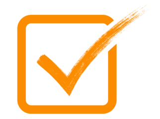 Orange checkmark icon inside square box, hand-drawn brush painted tick symbol, PNG with transparent background, used for checklist, workflow, and confirmation designs