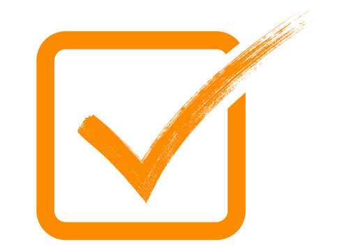 Orange checkmark icon inside square box, hand-drawn brush painted tick symbol, PNG with transparent background, used for checklist, workflow, and confirmation designs