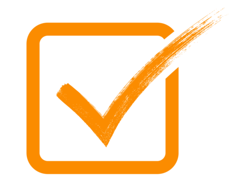 Orange checkmark icon inside square box, hand-drawn brush painted tick symbol, PNG with transparent background, used for checklist, workflow, and confirmation designs