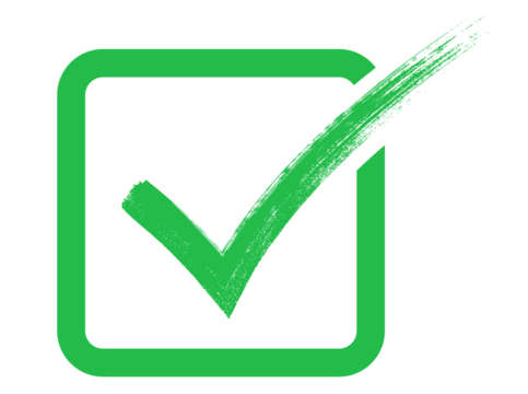 Green checkmark inside square box, hand-painted brush stroke tick, PNG with transparent background, symbol for approval, task completion, or confirmation