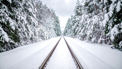 Obraz premium Serene winter journey: snow-covered railroad tracks through a frosted forest