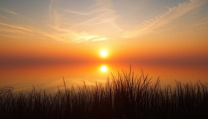 Fototapeta premium A Stunning Golden Hour Over Calm Waters, Framed by Silhouetted Grasses and a Soft, Cloud-Streaked Sky