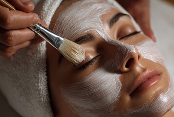 Close-up of a woman receiving a facial treatment with a brush applying skincare product on her face in a spa setting