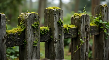 Naklejka premium Close-up of an old, weathered wooden fence with vibrant green moss growing on the posts and rails in a tranquil forest.