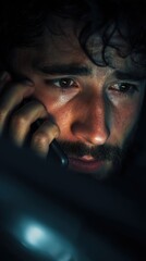Fototapeta premium Close-up vertical shot of a young man's anxious face, lit only by his mobile phone screen as he tries to get help for his car breakdown on the road.