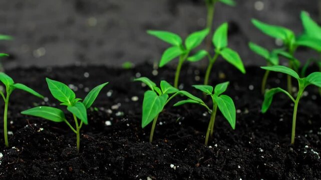 Seedlings emerge from dark soil, vibrant green leaves reaching for light