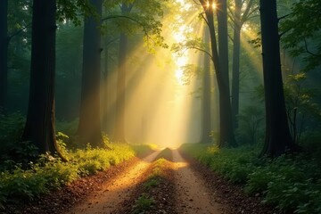 Obraz premium Sunbeams pierce canopy, illuminating dusty forest road, magical, stock photo