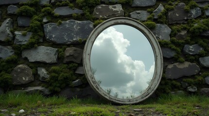 Surreal conceptual image of a round vintage mirror leaning against a rustic, mossy stone wall, reflecting the bright cloudy sky like a portal.