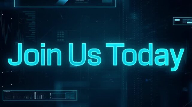 Join Us Today: Dynamic, neon-lit text glows against a futuristic digital backdrop, drawing the viewer's attention to a simple call to action, inviting interaction, and showcasing a modern.