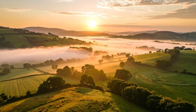 Sunrise over a valley of rolling hills