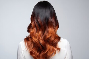 Fototapeta premium Wavy, highlighted hair showcases a beautiful ombre effect against a neutral backdrop.