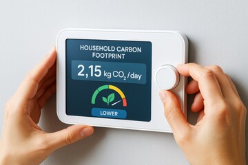 Smart device screen showing household carbon footprint measurement with hand adjusting dial on light background, promoting eco-friendly lifestyle. Ai generative