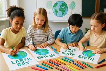 Group of diverse kids drawing Earth Day posters together in a classroom with a colorful, light background and a creative environmental theme. Ai generative