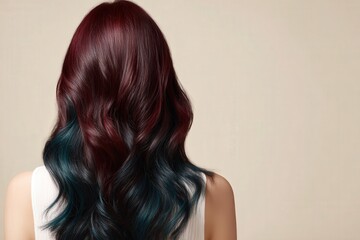 Fototapeta premium Wavy, styled hair with a striking ombre of burgundy and teal tones against a neutral backdrop.