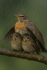 Devoted mother bird shields her two small chicks from the rain, sheltering them under her protective wings on a branch.