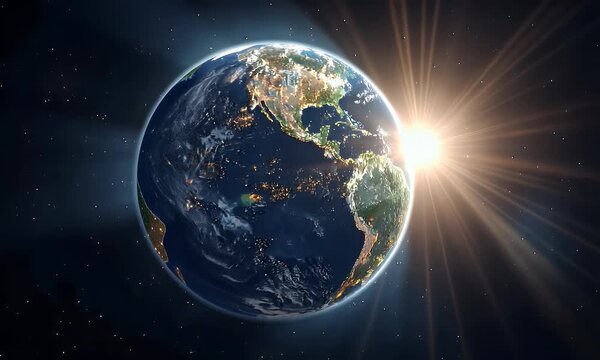 
3D rendering of the Earth with its two continents, in a cartoon style, on a black background, with bright sunlight and sun rays in space.

