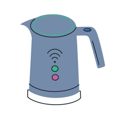 Flat cartoon vector illustration of smart electric kettle with Wi Fi control. Modern kitchen appliance for remote operation, home automation, wireless technology, smart living visuals
