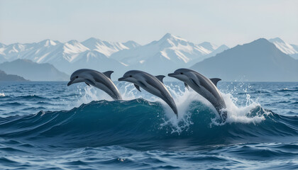 Fototapeta premium Dolphins Jumping Playfully Above Ocean Waves with Snowy Mountains in Background