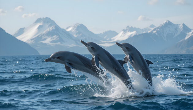 Dolphins Jumping Playfully Above Ocean Waves with Snowy Mountains in Background