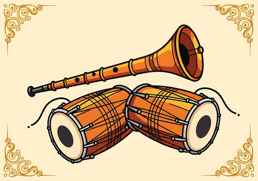 Illustration of traditional indian musical instruments shehnai and dhol isolated on a beige background